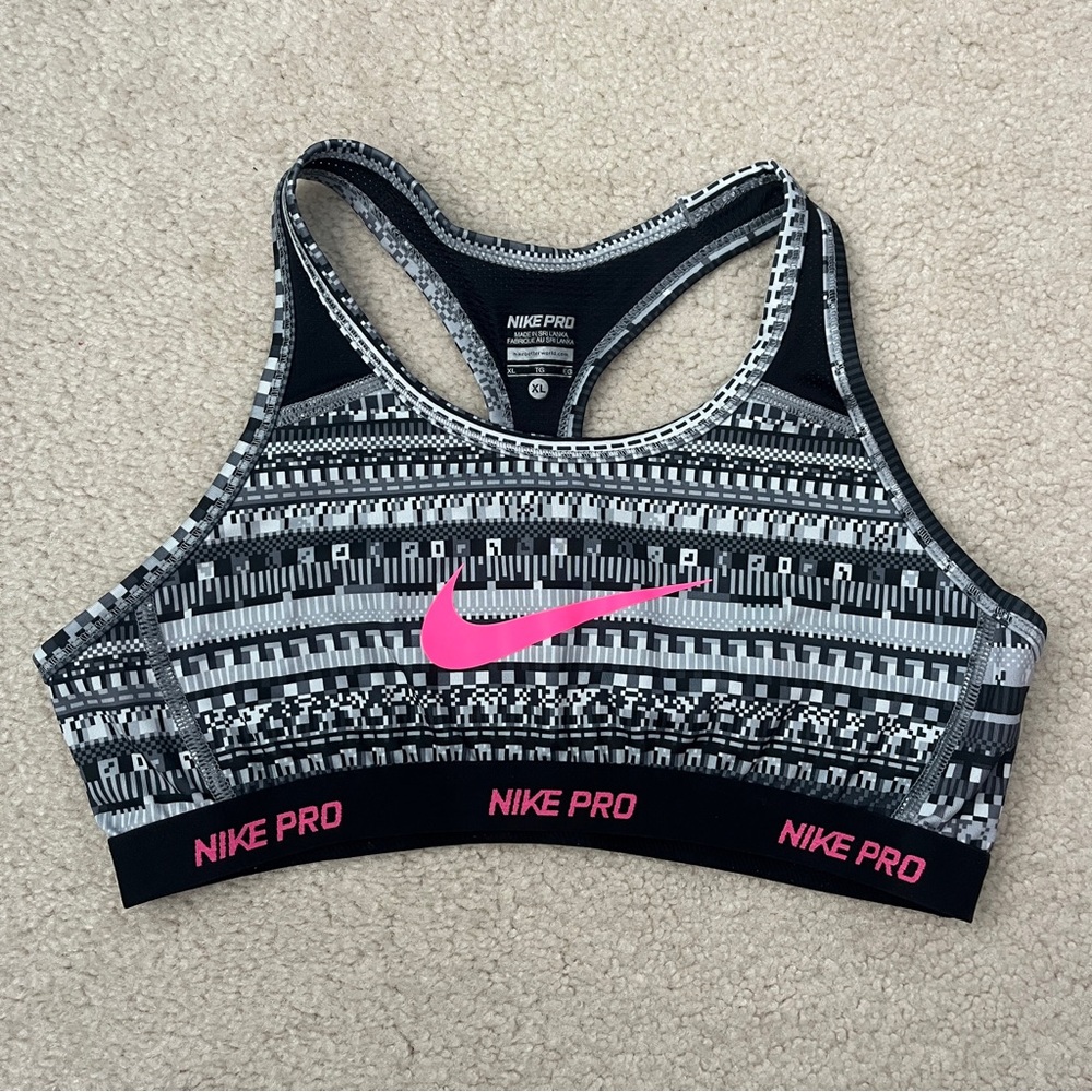 Nike Black and Gray Patterned Sports Bra with Pink Logo